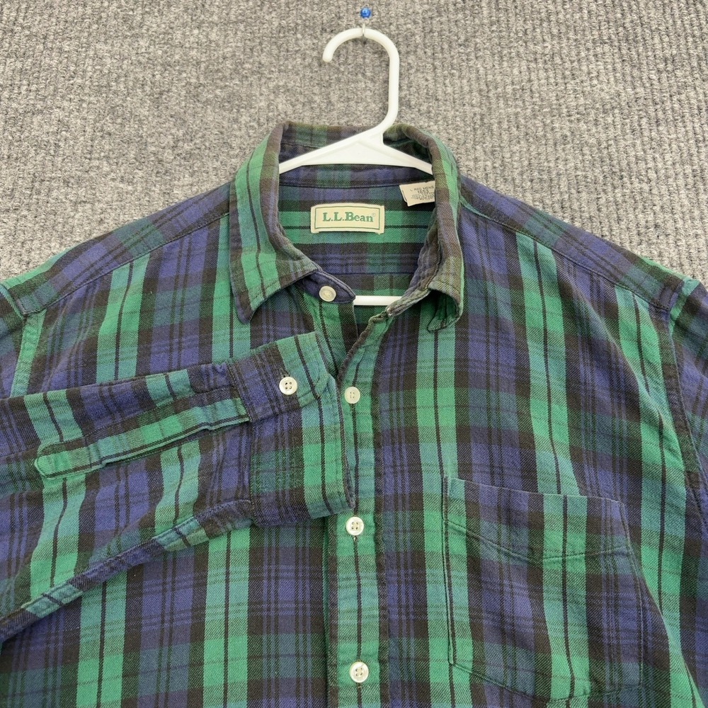 Vintage LL Bean Button Up Mens L Green Blue Plaid Cotton Flannel Outdoor Classic